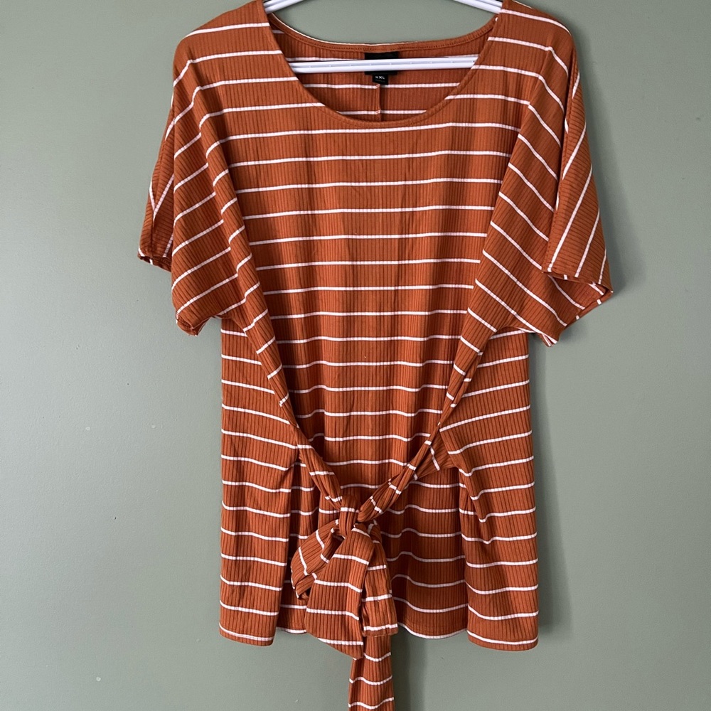 ‼️Rib Knit Striped Blouse with Tie